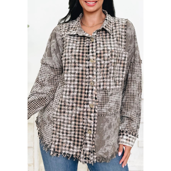 Women's Oli & Hali Plaid Patchwork Button Down Shirt L Brown Black - Picture 5 of 11